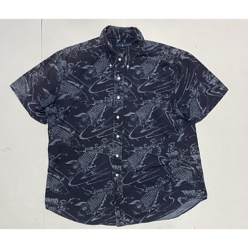 Ralph Lauren Slim Fit Shirt Mens Size XXL Blue Koi Fish Print Button Up Cotton